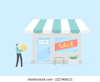 Flat design offline shopping store front having a sale sign. Vector Illustration for grocery shop, supermarket and official shop store. Man character is holding a coin to buy goods at the sale