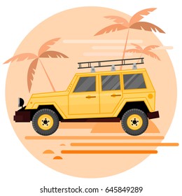 Flat design of off-road car in motion on a sahara trip. Off-road vehicle isolated on safari background. Vector Illustration flat style for web design banner or print.