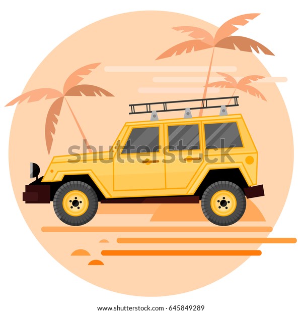Flat design of off-road car\
in motion on a sahara trip. Off-road vehicle isolated on safari\
background. Vector Illustration flat style for web design banner or\
print.