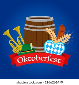 Flat Design of Oktoberfest Beer Wood Glass, Hops, Barley, Wooden Barrel, Pretzel Emblem, Logo, Badge Stock Vector