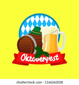 Flat Design of Oktoberfest Cap, Hops, Barley, Wooden Barrel, Emblem, Logo, Badge Stock Vector