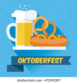 Flat design, Oktoberfest German beer festival with mug of beer, hot dog and pretzel. 