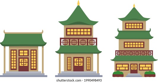 Diseño plano edificios chinos antiguos ilustraciones conjunto de vectores