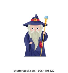 Flat design of old man in gown of magician holding powerful staff isolated on white. 