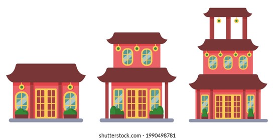 Flat design old red chinese buildings illustration vector set