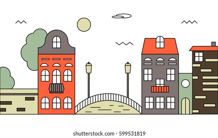 Flat design old street cityscape illustration with the bridge over the river