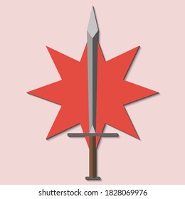 Flat design the old sword, isolated on pink background.