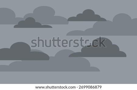 Flat design ominous dark gray and black cloudscape creating a moody atmosphere. Layered storm clouds dominate the scene, suggesting heavy rain or foreboding weather conditions.