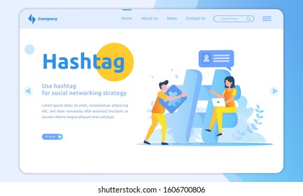 Flat design on landing page about people bring hashtag sign for social network strategy