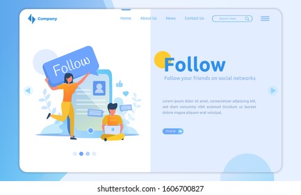 Flat design on landing page about people bring a follow sign for social network