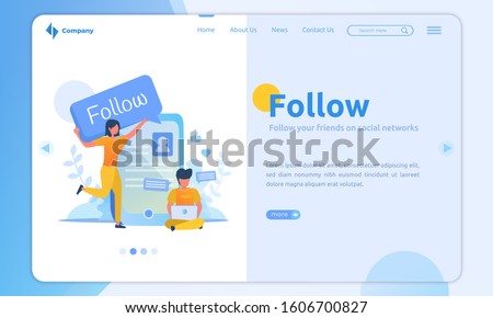 Flat design on landing page about people bring a follow sign for social network