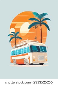 Flat Design Of A One Retro . Highly Detailed Clean Bus . Vector Illustration T-Shirt Design