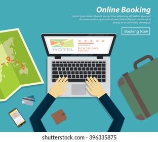 Flat Design Of Online Booking Hotel ,vector Concept For Holiday Plan