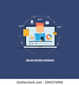Flat design - Online business webinar - online conference - business communication vector illustration with icons