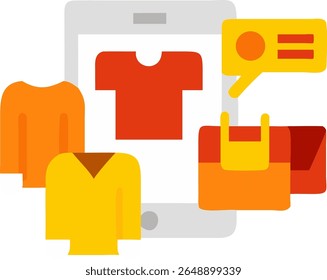 Flat design of online clothing shopping interface with t-shirts, bags, and digital display. Great for e-commerce, fashion, and mobile UI use.