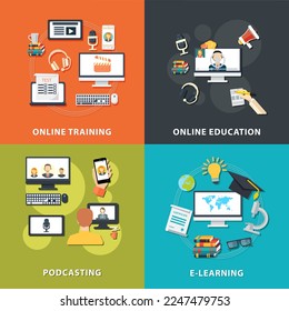 Flat design Online education concept with composition of online training, education, e-learning and podcasting. vector illustration 