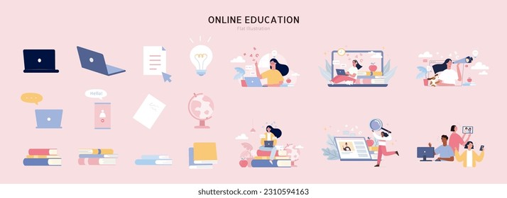 Flat design online education and homeschooling element set isolated on light pink background. Students studying at home, laptops, globe, books, light bulb, and paper.