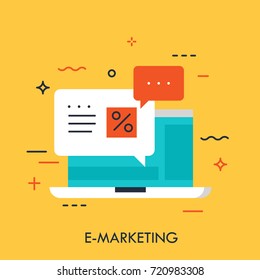 Flat design of online e-marketing, laptop message, best price offer. Modern minimal style logo vector illustration concept.