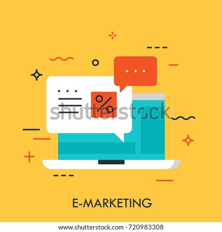 Flat design of online e-marketing, laptop message, best price offer. Modern minimal style logo vector illustration concept.