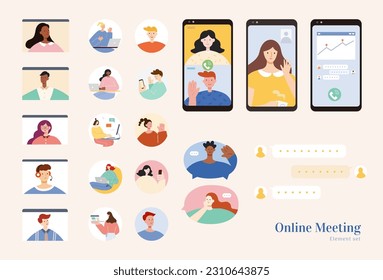 Flat design online meeting element set isolated on beige background. People having online conferences with phones and laptop.