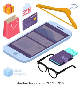 Flat design online and mobile retail and shopping isometric vector design element set.