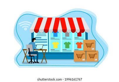 Flat design online shop business, man working with laptop. Ilustration Design. 