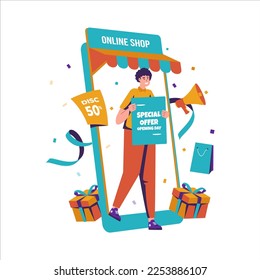 Flat design of online shop promotion with special offer on opening day