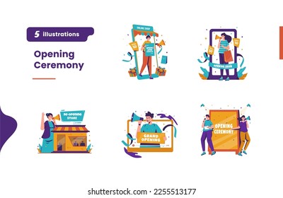 Flat design online shop reopening ceremony bundle pack