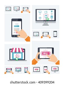 Flat design online shop website symbol on various devices, purchasing via internet, on-line shopping infographic template, e-commerce paying nfc. Online store, button, products