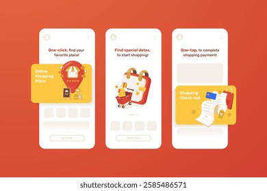 Flat design of online shopping application on onboarding screen template, Store place location, Special date promotion sale, Print invoice transaction, Vector illustration