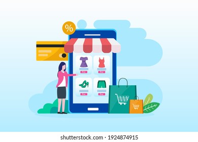 Diseño plano Compras online, concepto, compra tienda online. plantilla de vector plano de la ilustración del sitio web de la página de destino.