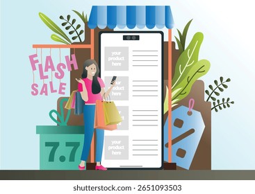 Design plano compras on-line e conceito de comércio eletrônico. Flash venda 7.7, desconto 77%, seu produto aqui