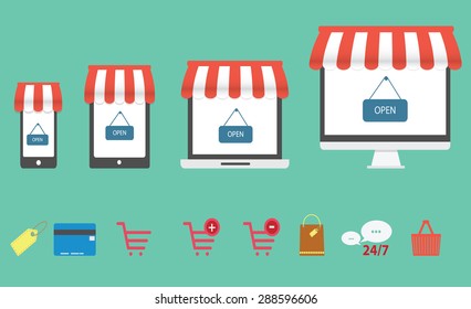 Flat design online shopping icons concept. 4 screen design mobile, tablet,notebook and pc.