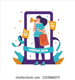 Flat design of online store opening soon with promotion offer