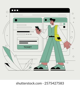 Flat design for Online Ticket concept illustration. A man is standing in front of a computer screen with a ticket on it.
