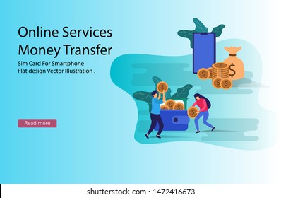 Flat Design Online Transfer Concept. Transfer of funds using a mobile phone. Waiver of physical money in favor of virtual. Can use for web banner, sites, infographics, print products