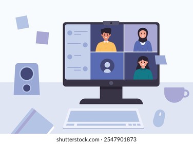 Flat design of online video conference on monitor vector illustration
