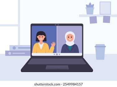 Flat design of online video conference on laptop screen vector illustration