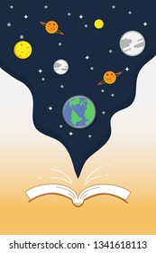 Flat design Open Book with Earth&Planets in the Universe.Education concept.