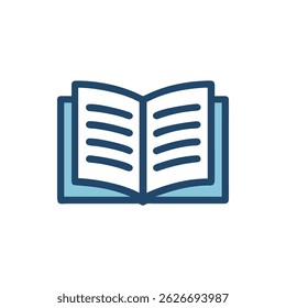 Flat design open book icon with blue outline, contrasting pages, centered on a White Background.