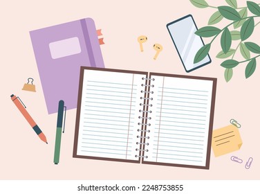 Flat design of open notebook on table with phone, books and stationary vector design