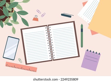 Flat design of open notebook on table with phone, sheets and stationary vector design