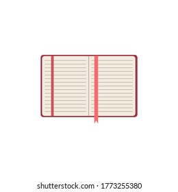 Flat design open notepad icon with tab isolated on white background. School notebook, diary for business cover design. Office stationery items. Stock vector illustration