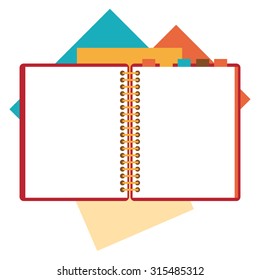 Flat design of open notepad, paper sheets isolated on white background whit place for text.
