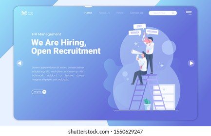 Flat design of open recruitment, available job vacancies on landing page template