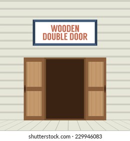Flat Design Open Wooden Double Door Vector Illustration