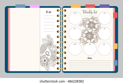Flat design opened notepad with adult coloring page, notes, weekly and to do list in top view. Sketchbook, coloring book or diary mockup. Vector illustration of birdhouse and flowers.