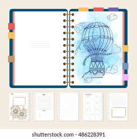 Flat design opened notepad with adult coloring page, notes and to do list in top view. Sketchbook, coloring book or diary mockup. Vector illustration of the air baloon on blue grunge background.