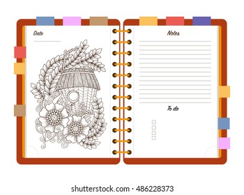 Flat design opened notepad with bookmarks isolated and with adult coloring page, notes and to do list. Sketchbook, coloring book or diary mockup. Vector illustration of birdhouse and flowers.