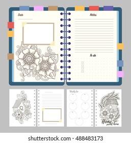 Flat design opened notepad with bookmarks and isolated on white background whit place for text in top view. Sketchbook, diary mockup. Vector illustration.